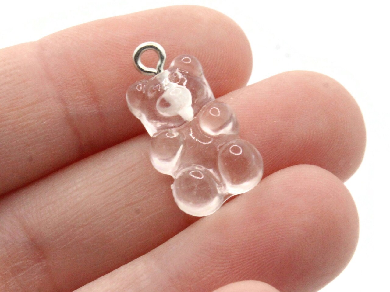 5 20mm Clear Gummy Bear Charms - Resin Pendants with Platinum Colored Loops